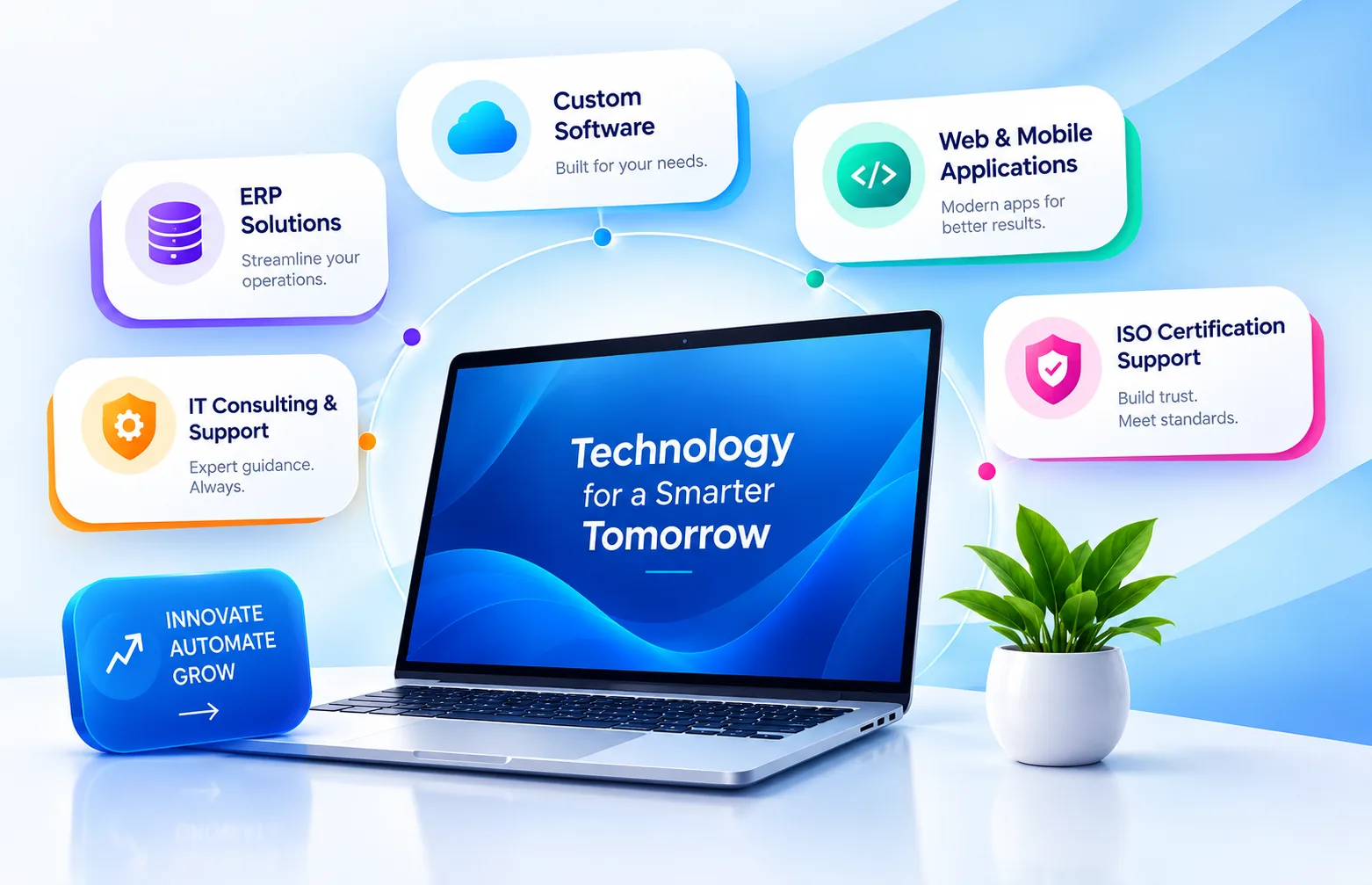 Laptop reading Technology for a Smarter Tomorrow, ringed by ERP, custom software, web apps, IT consulting and ISO